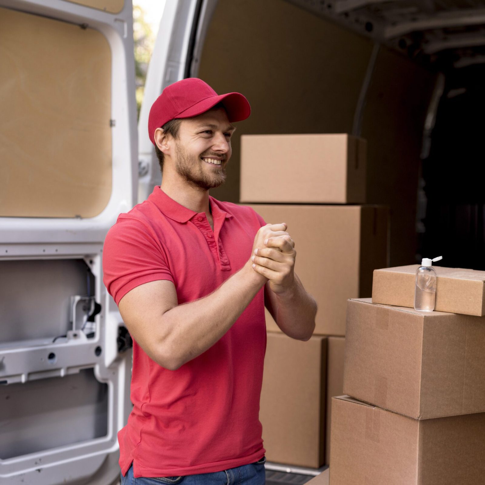 delivery-male-with-mask-using-hand-sanitizer